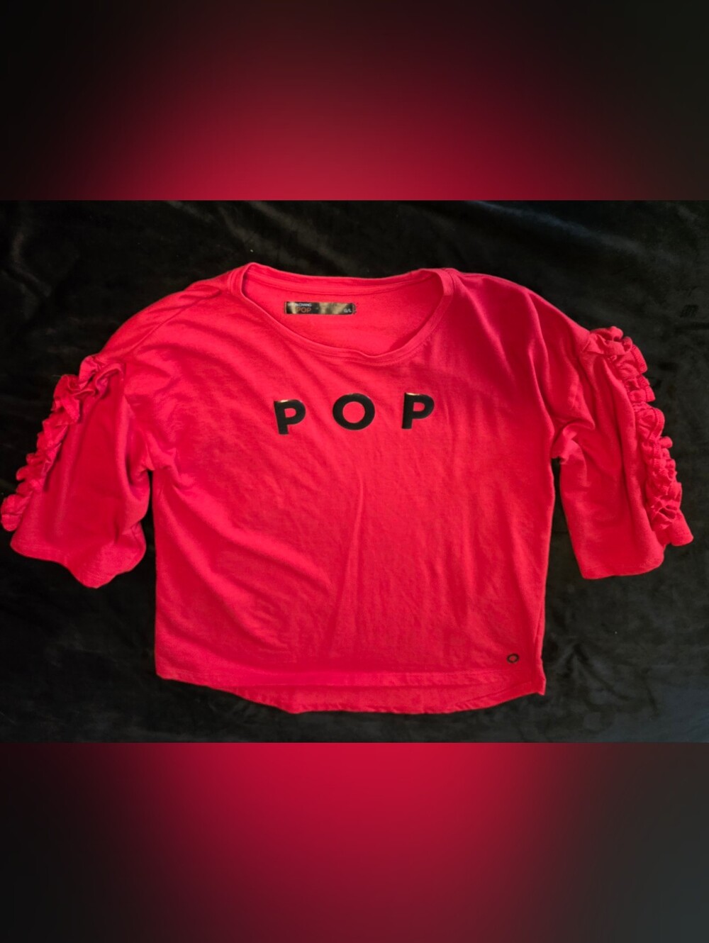 Red Ruffle Sleeve Tee with Black Raised Vinyl POP Logo Punk, Y2K
